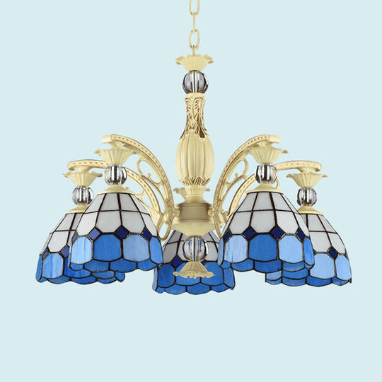 Tiffany Lattice Motif Chandelier with Stained Glass Shade - Elegant Hanging Pendant Lamp for Living Room or Restaurant with Crystal Ball Embellishment