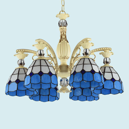 Tiffany Lattice Motif Chandelier with Stained Glass Shade - Elegant Hanging Pendant Lamp for Living Room or Restaurant with Crystal Ball Embellishment