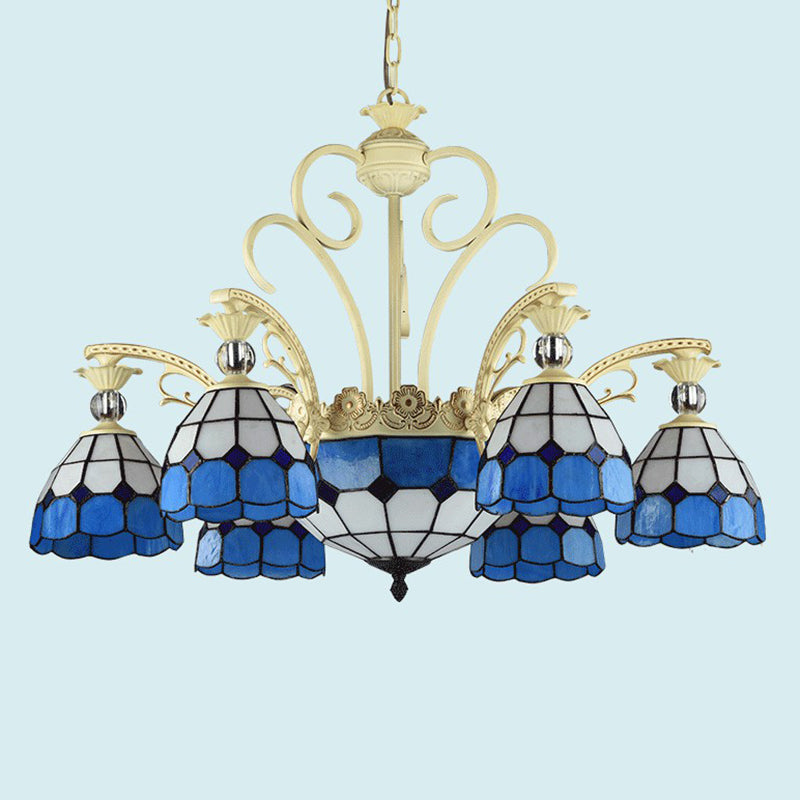 Tiffany Lattice Motif Chandelier with Stained Glass Shade - Elegant Hanging Pendant Lamp for Living Room or Restaurant with Crystal Ball Embellishment