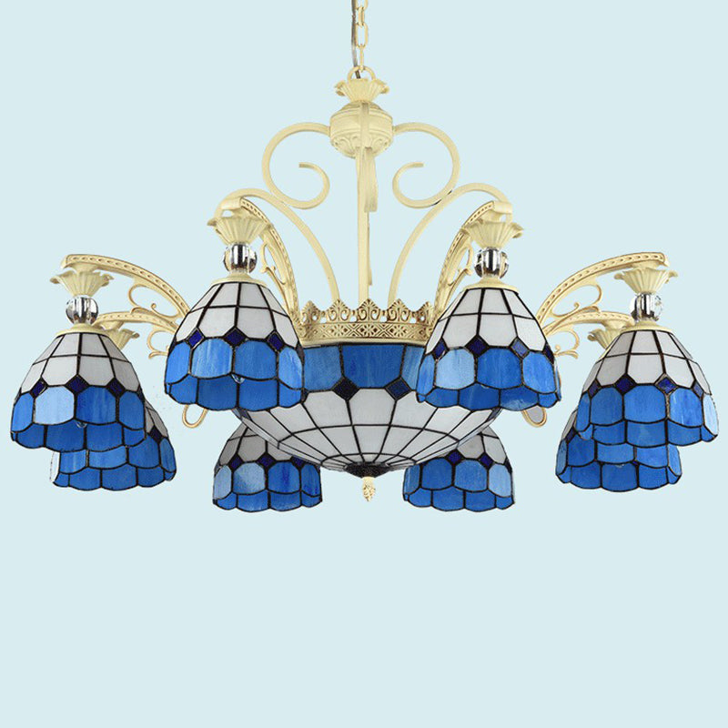 Tiffany Lattice Motif Chandelier with Stained Glass Shade - Elegant Hanging Pendant Lamp for Living Room or Restaurant with Crystal Ball Embellishment