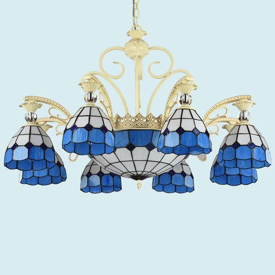 Tiffany Lattice Motif Chandelier with Stained Glass Shade - Elegant Hanging Pendant Lamp for Living Room or Restaurant with Crystal Ball Embellishment