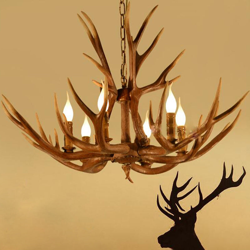 Rustic Deer Horn Chandelier With Adjustable Chain - 6-Light Original Wood Color Retro Candlestick