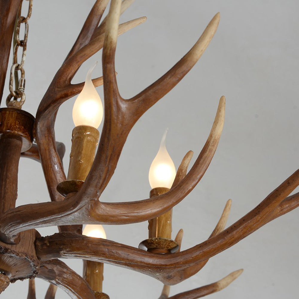 Rustic Deer Horn Chandelier With Adjustable Chain - 6-Light Original Wood Color Retro Candlestick