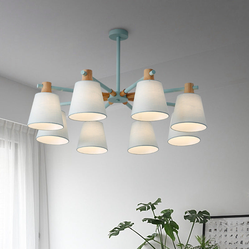 Modern Cone Fabric Chandelier Light - Wooden Hang Lampshade For Dining Room Or Bedroom