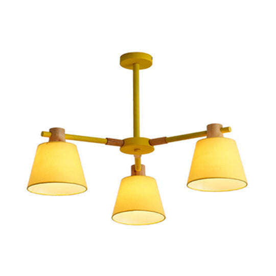 Modern Cone Fabric Chandelier Light - Wooden Hang Lampshade For Dining Room Or Bedroom 3 / Yellow