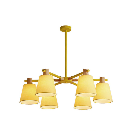 Modern Cone Fabric Chandelier Light - Wooden Hang Lampshade For Dining Room Or Bedroom 6 / Yellow