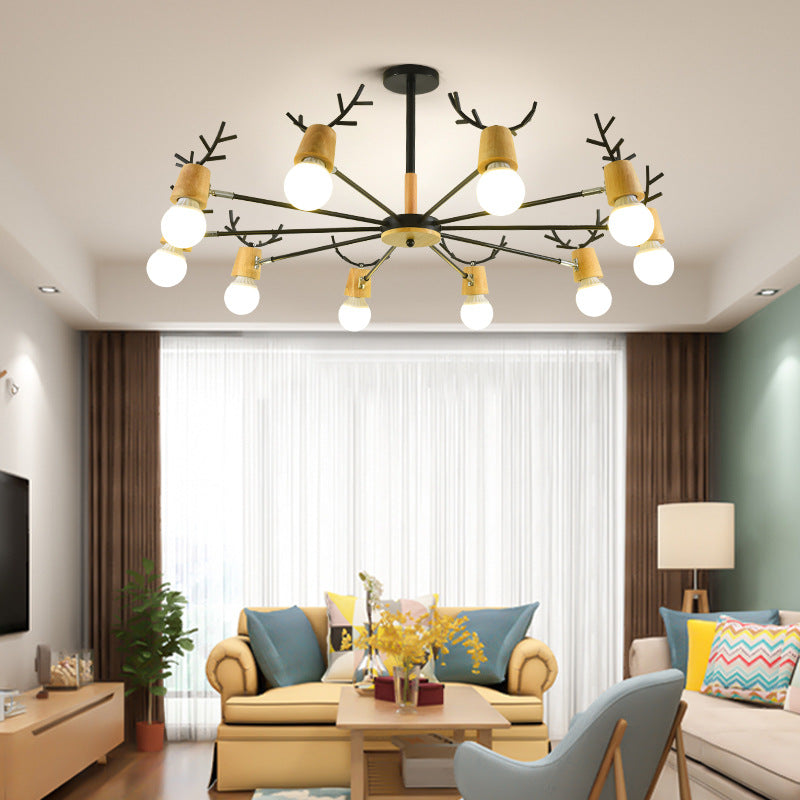 Wooden Antler Chandelier: Modern Simplicity Pendant Lights With Exposed Bulbs For Creative Bedroom