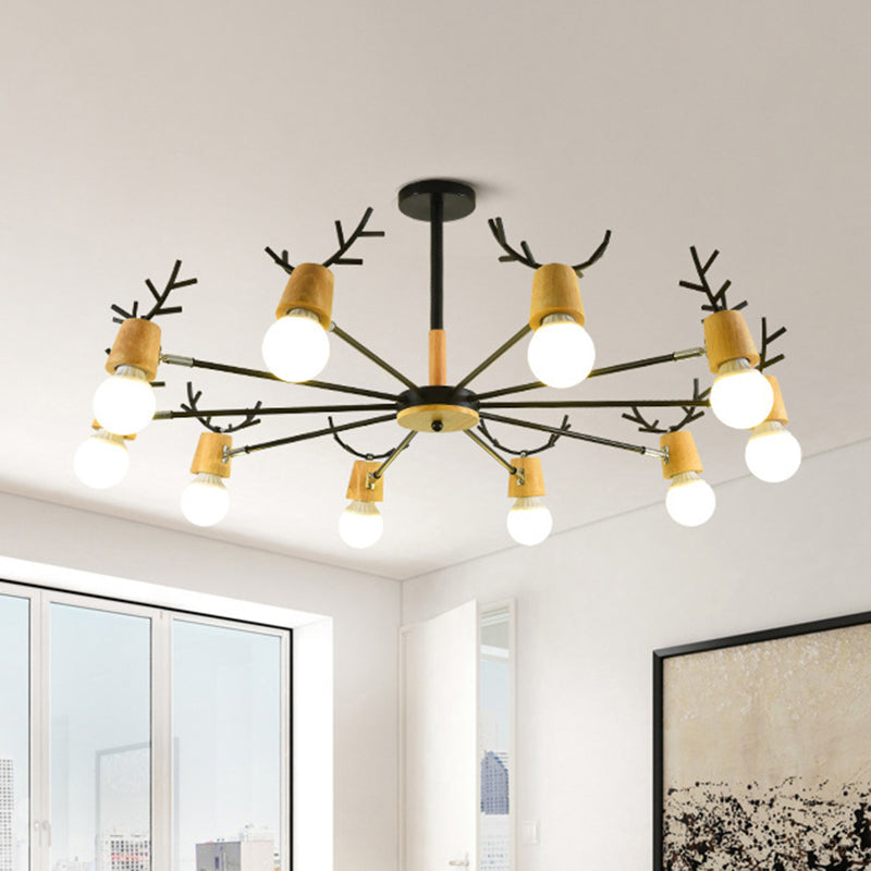 Wooden Antler Chandelier: Modern Simplicity Pendant Lights With Exposed Bulbs For Creative Bedroom