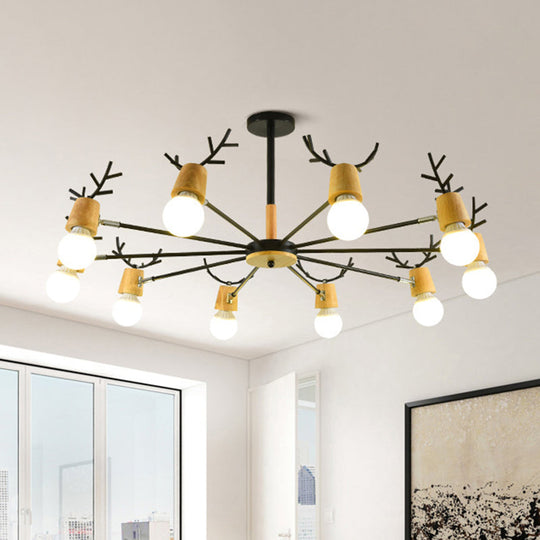 Wooden Antler Chandelier: Modern Simplicity Pendant Lights With Exposed Bulbs For Creative Bedroom