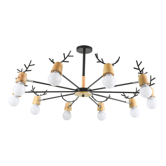 Wooden Antler Chandelier: Modern Simplicity Pendant Lights With Exposed Bulbs For Creative Bedroom