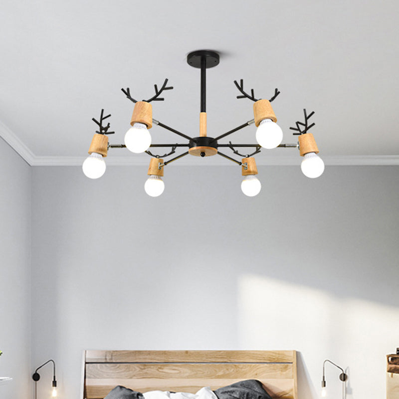 Wooden Antler Chandelier: Modern Simplicity Pendant Lights With Exposed Bulbs For Creative Bedroom