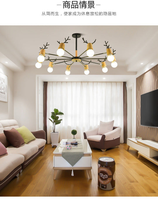 Wooden Antler Chandelier: Modern Simplicity Pendant Lights With Exposed Bulbs For Creative Bedroom