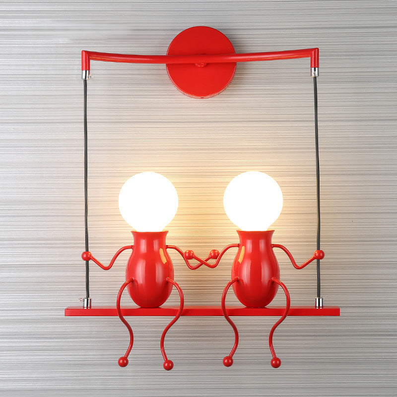 Kids Metal Sconce Light: Black/White/Red Little People 2 Lights Wall Fixture For Living Room