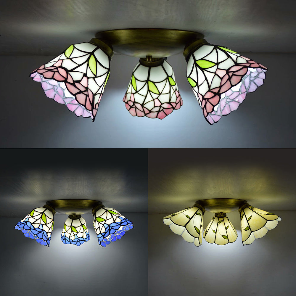 Tiffany Stained Glass Ceiling Light in Pink/Blue/Beige for Bedroom with 3 Conic Heads