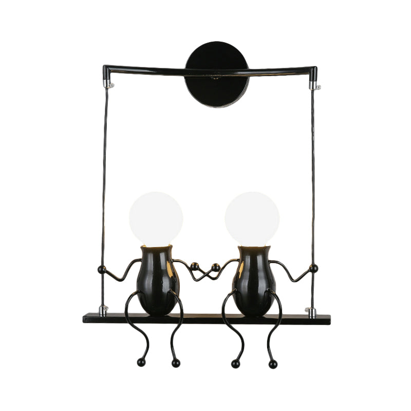 Kids Metal Sconce Light: Black/White/Red Little People 2 Lights Wall Fixture For Living Room