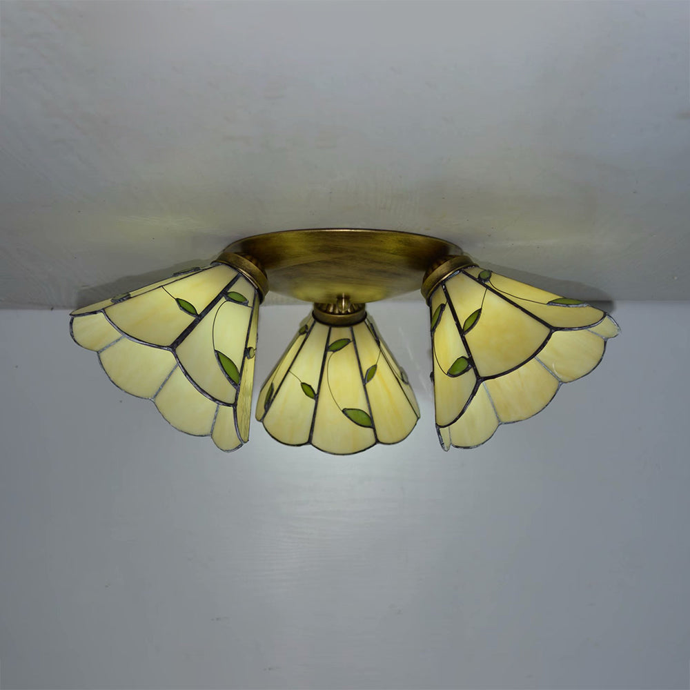 Tiffany Stained Glass Ceiling Light in Pink/Blue/Beige for Bedroom with 3 Conic Heads