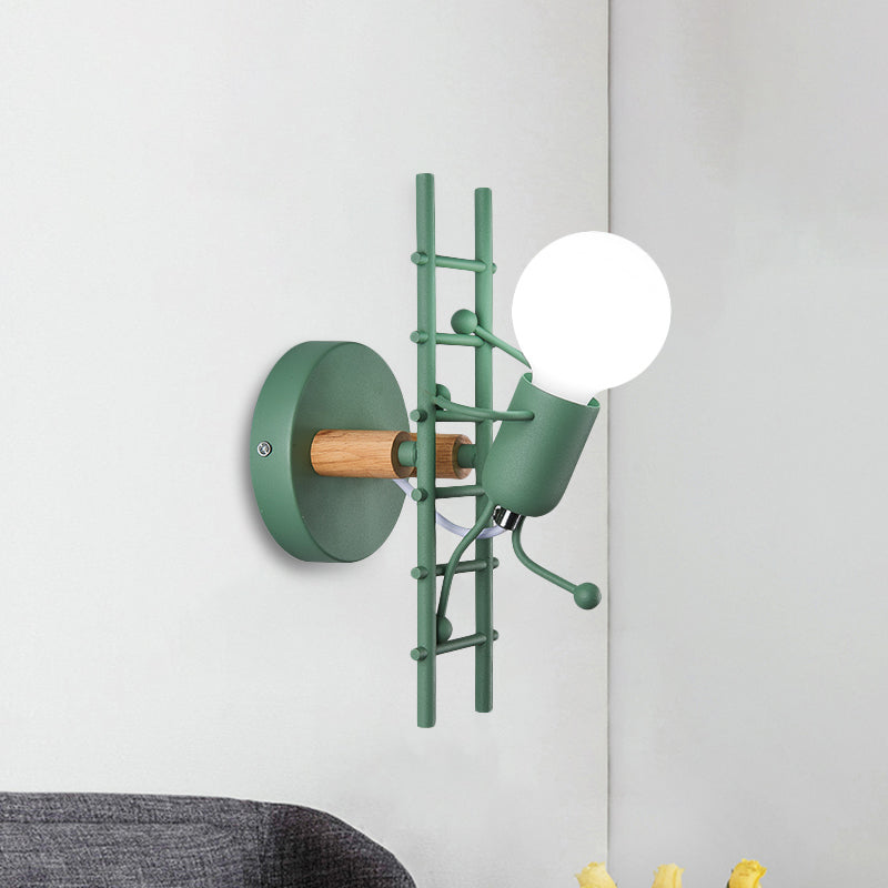 Metal Gray/White/Green Cartoon Bare Bulb Wall Light Fixture - Indoor 1-Head Mount With Little People