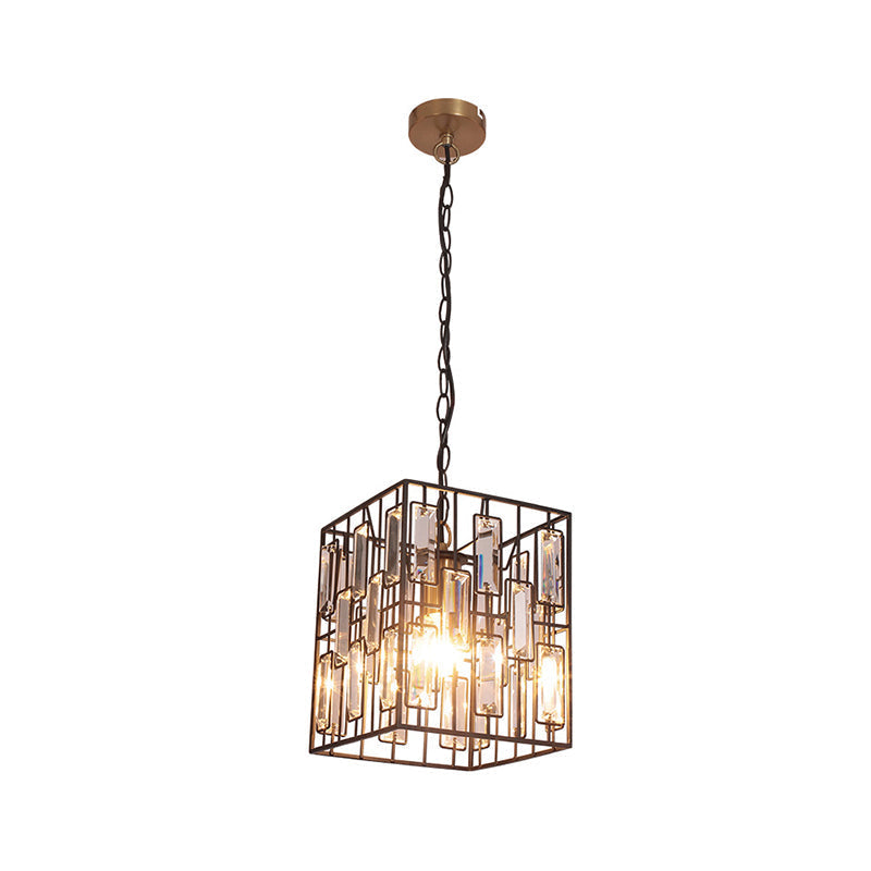 Industrial Metal Pendant Light with Black Cubic Cage & Crystal Accent - Ideal for Restaurants