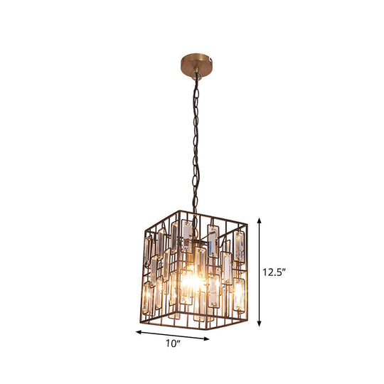 Industrial Metal Pendant Light With Crystal Accent For Restaurant - Black Cubic Cage Design