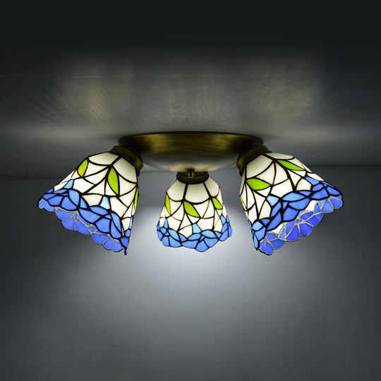 Tiffany Stained Glass Ceiling Light in Pink/Blue/Beige for Bedroom with 3 Conic Heads