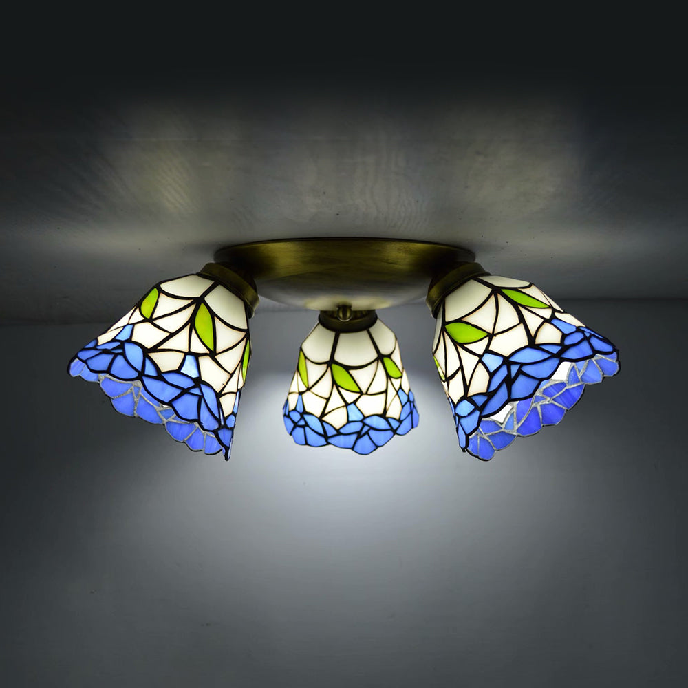 Tiffany Stained Glass Ceiling Light In Pink/Blue/Beige For Bedroom With 3 Conic Heads Blue