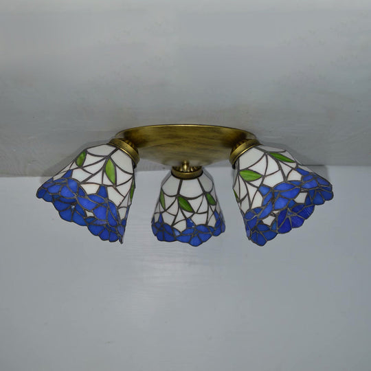 Tiffany Stained Glass Ceiling Light In Pink/Blue/Beige For Bedroom With 3 Conic Heads