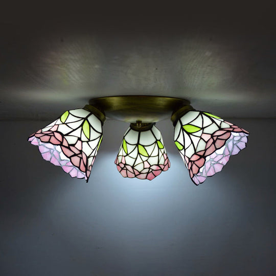 Tiffany Stained Glass Ceiling Light in Pink/Blue/Beige for Bedroom with 3 Conic Heads