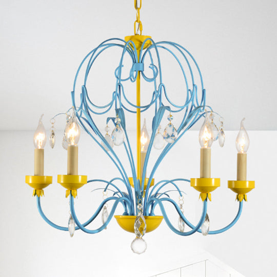 Macaron Candle Chandelier Lamp Hanging Light Metallic 5 Lights Crystal Drop Yellow & Blue