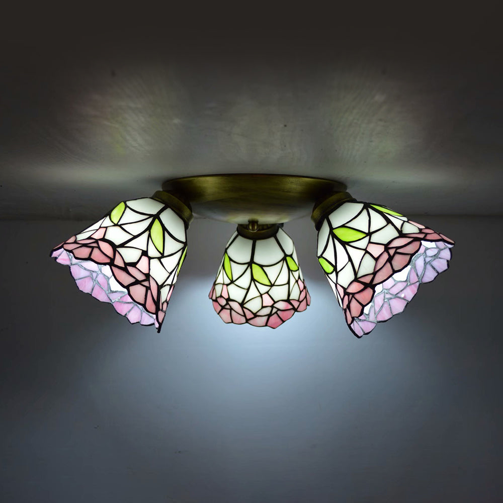 Tiffany Stained Glass Ceiling Light In Pink/Blue/Beige For Bedroom With 3 Conic Heads Pink