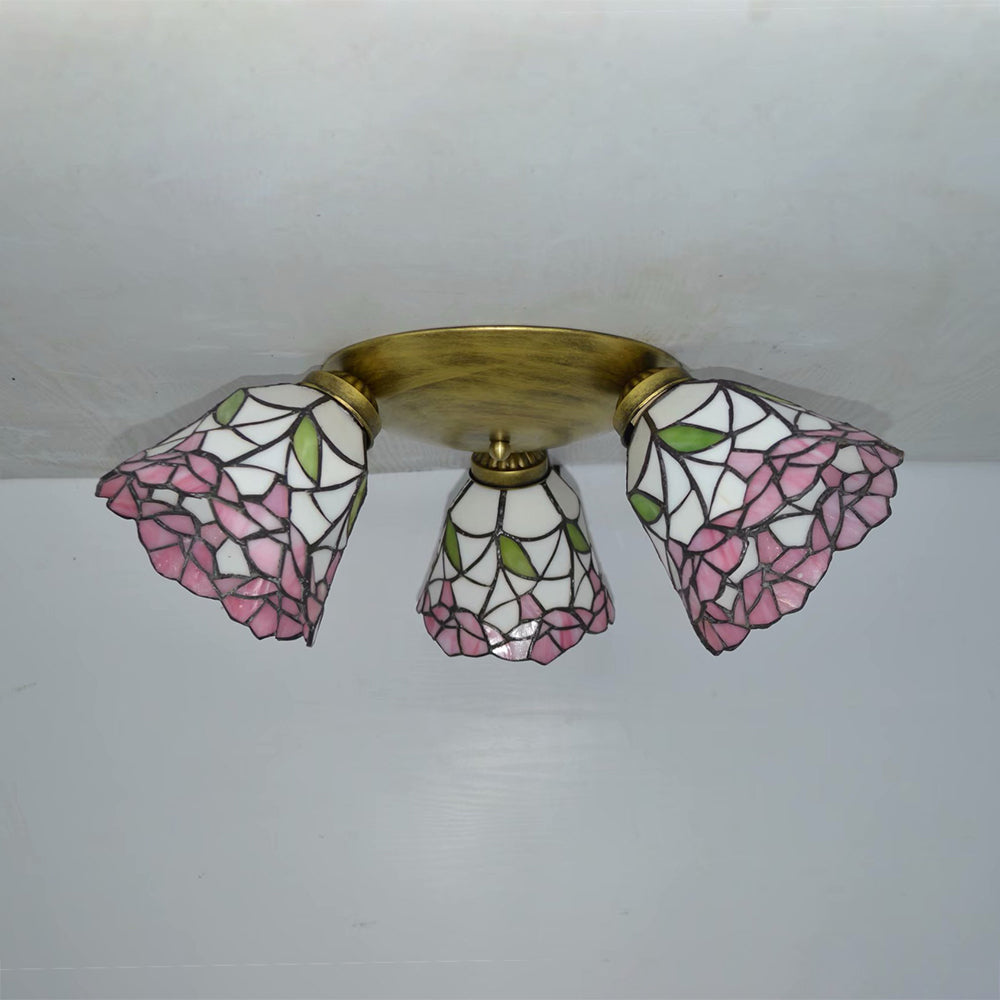 Tiffany Stained Glass Ceiling Light in Pink/Blue/Beige for Bedroom with 3 Conic Heads