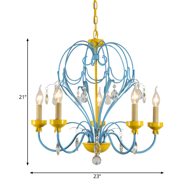 Lustre à bougie macaron pour enfants avec goutte de cristal - Jaune/bleu, finition métallique, 5 lumières