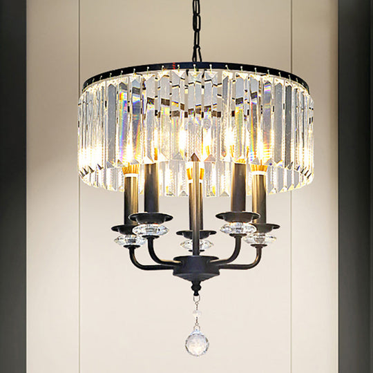 Modernist Black Crystal Chandelier With Drum Shade - 5 Light Suspension Lamp