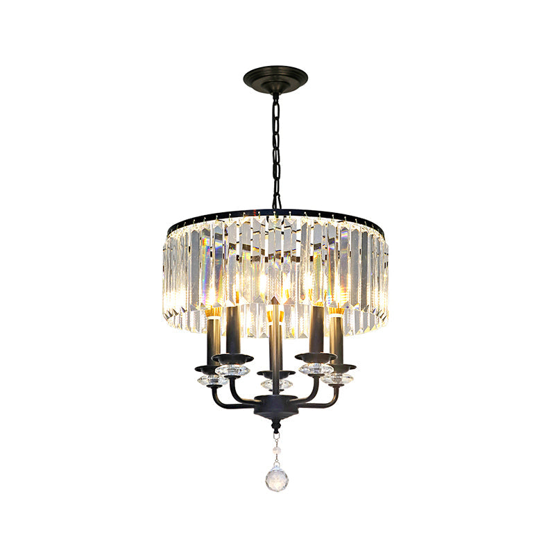 Modernist Black Crystal Chandelier With Drum Shade - 5 Light Suspension Lamp