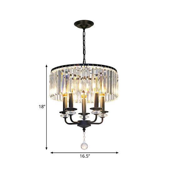 Modernist Black Crystal Chandelier With Drum Shade - 5 Light Suspension Lamp