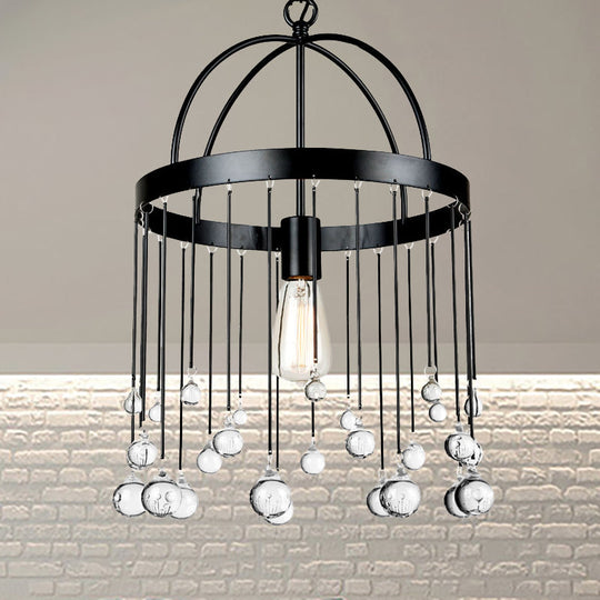 Industrial Style 1-Light Ring Pendant Light With Crystal Ball Deco - Black Suspension Lamp