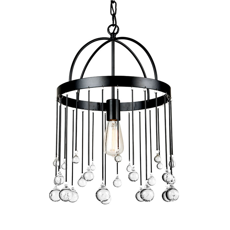 Industrial Style Hanging Pendant Light with Crystal Ball Deco - 1-Light Ring Suspension Lamp in Black