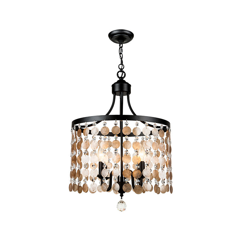 Vintage Round Chandelier Light Metal & Shell | 4-Light Suspension | Black for Bedroom