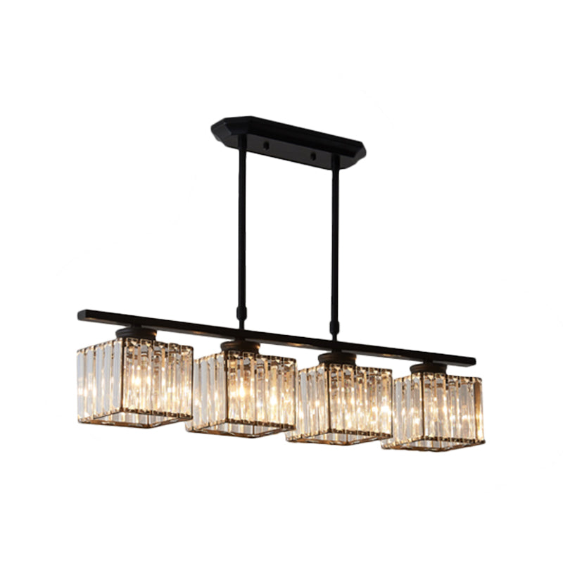 Modern 3/4-Light Square Hanging Ceiling Fixture With Clear Crystal In Black/Gold For Dining Room