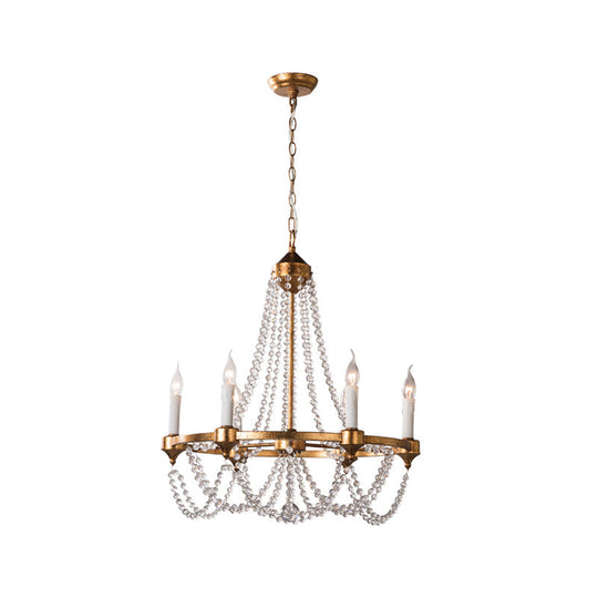 Crystal Beaded French Country Candle Chandelier With 6 Lights In Antique Brass Pendant Lighting