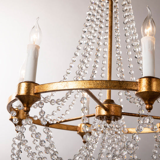 Crystal Beaded French Country Candle Chandelier With 6 Lights In Antique Brass Pendant Lighting