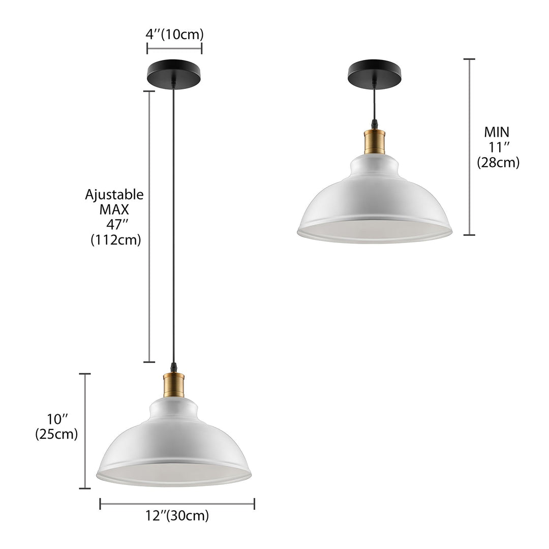 Adjustable Cord Black/White Retro Metal Dome Shade Ceiling Pendant - 1 Bulb Hanging Fixture in 12"/14"/16" W