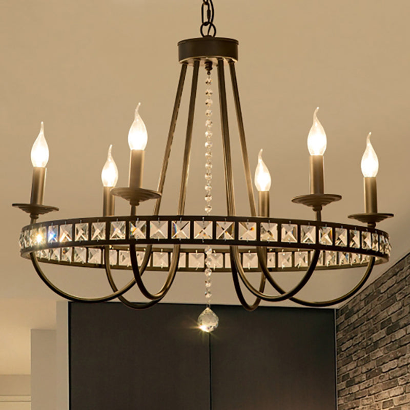 Black Metal Candle Chandelier With Clear Crystal Deco - 6/8 Light Pendant Fixture For Industrial