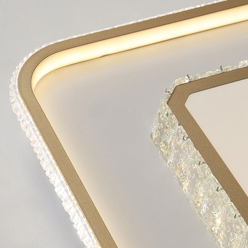 Crystal Led Golden Ceiling Mount Lamp - 2-Tier Geometric Shape Minimalist Design