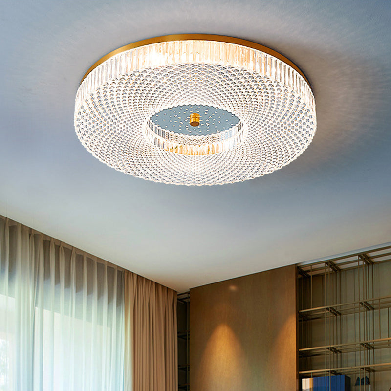 Modern Brass Led Flush Mount Ceiling Light With Crystal Lattice Detail - Minimalist Bedroom Fixture