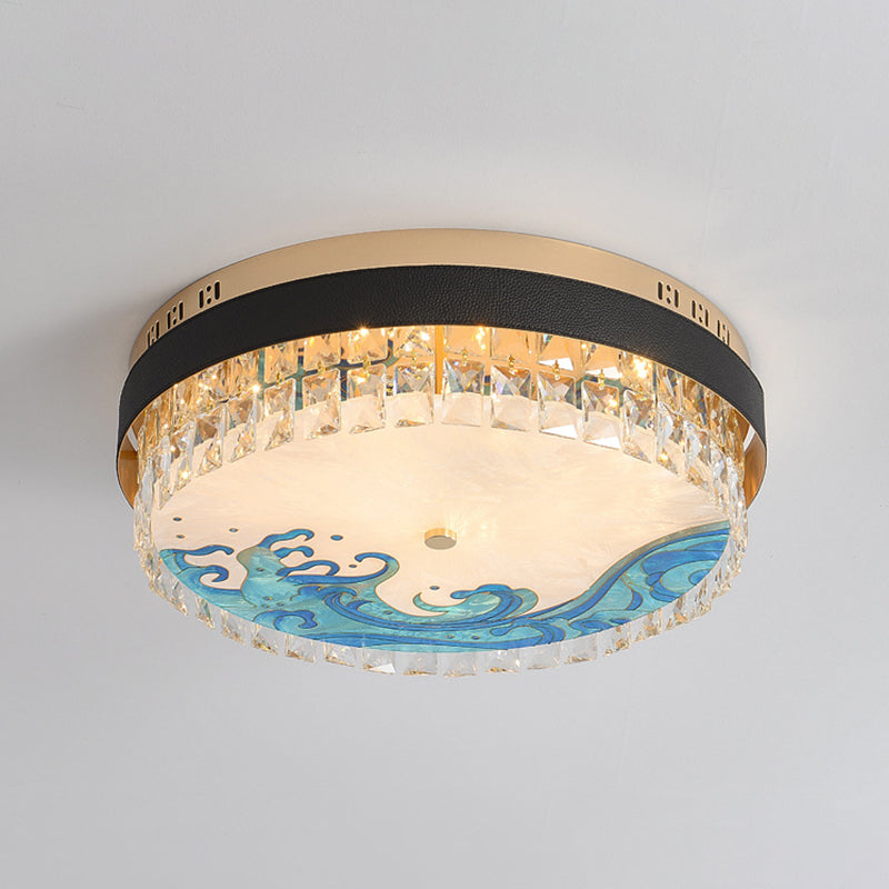 Modern Crystal Block Drum Flush Mount Led Ceiling Light For Bedroom In Brass Finish Aqua