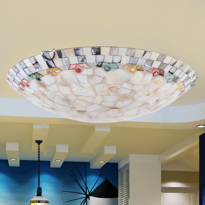 Tiffany Mosaic Glass Flush Mount Lamp - Beige Bowl Ceiling Light For Bedroom