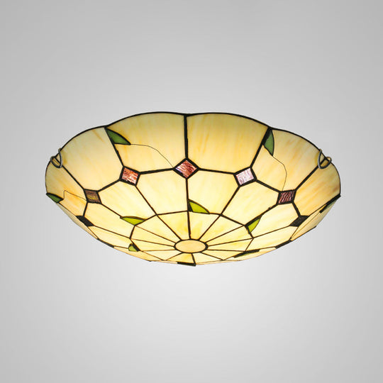 Tiffany Style Glass Bowl Led Ceiling Light - Handcrafted Beige Flush Mount For Hallway / 12