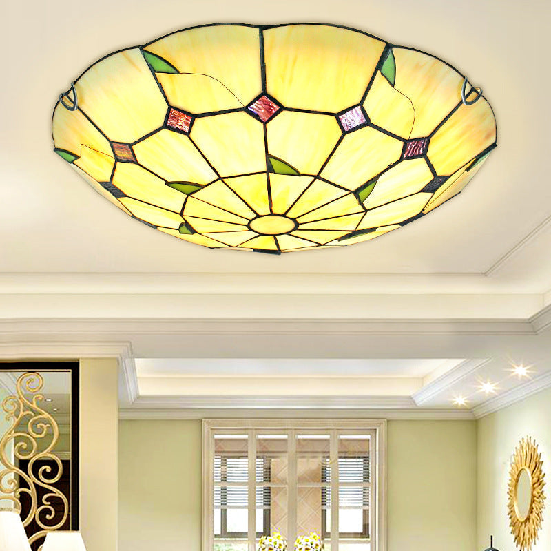 Tiffany Style Glass Bowl Led Ceiling Light - Handcrafted Beige Flush Mount For Hallway