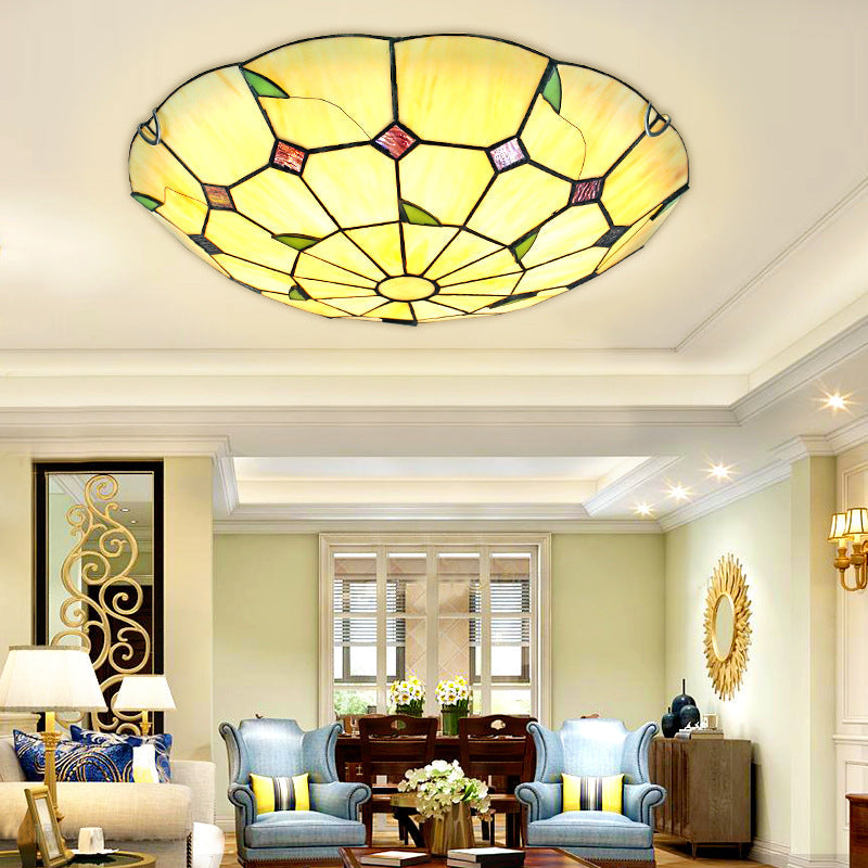 Tiffany Style Glass Bowl Led Ceiling Light - Handcrafted Beige Flush Mount For Hallway