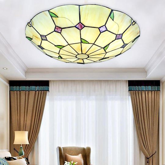 Tiffany Style Glass Bowl Led Ceiling Light - Handcrafted Beige Flush Mount For Hallway